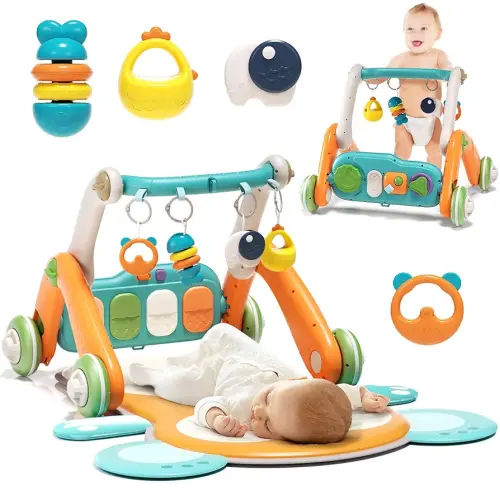 2 in 1 Baby Gym with Walker,Baby Play Mat with 5 Infant Learning Sensory,Double-Sided Multifunctional Removable Play Piano Panel,Sit-to-Stand Learning Walker for 0-24 Months Boy Girl [Orange]