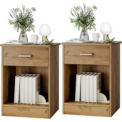 FOTOSOK Nightstand Set of 2, 2-Tier Side Table with Drawer and Storage Shelf, Bedside Table End Table, Modern Night Stand for Bedroom, Home Office,Wooden Grain