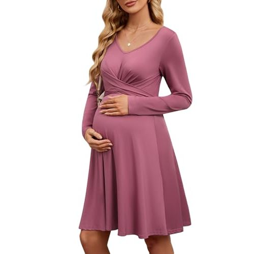 AISWI 2024 Long Sleeves Maternity Dress Fall Criss Cross Self Tie A-line Knee Length Baby Shower Casual Pregnancy
