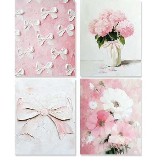 WDSFHYJK Vintage Coquette Pink Bow Floral Wall Art Decor Set of 4, Preppy Girly Aesthetic Bowknot Hydrangea Flower Poster Prints Pictures for Nursery Baby Girls Room Bedroom Home Decor, 8x10 Unframed