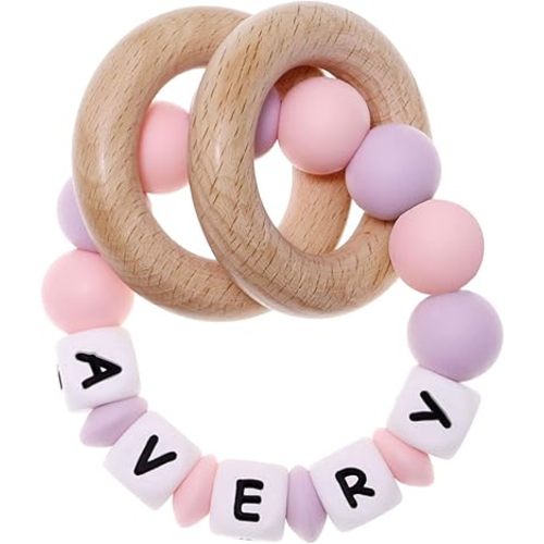 Munchewy Personalized Teether with Name for Boys Girls Baby Shower (Light Pink)