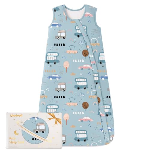 Unnivoll Rayon Made from Bamboo Baby Sleep Sack 0-6 Months 1.0 Tog Baby Wearable Blanket Super Soft Sleeping Sack with 2-Way Zipper for Infant Newborn - Small Blue Car