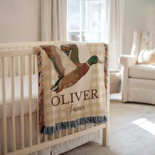 Personalized Mallard Duck Woven Blanket, Faux Patchwork Baby Blanket Ducks, Duck Nursery, Mallard Baby Shower Gift Baby Name Blanket Gift