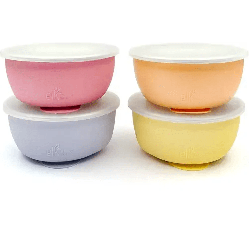 Elk and Friends Stainless Steel Bowls with Silicone Sleeve for Babies & Toddlers | Lids Included | Stay Put Suction | Cereal & Snack Bowls | 4 Pack