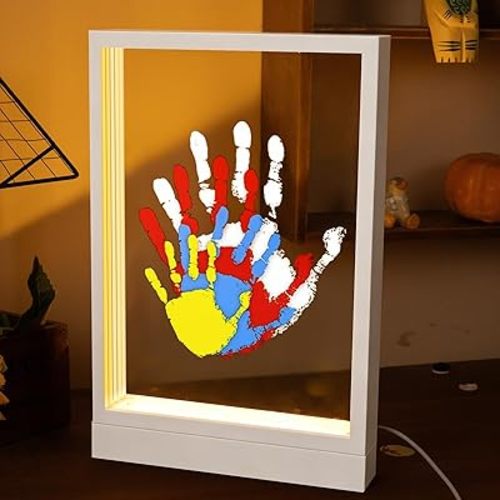 CHERRY CHEERS Family Handprint Kit with Light, Handprint Keepsake Frame, Wooden Led Light, Easy Install, No Need Screw etc, Non-Toxic Paints (White)