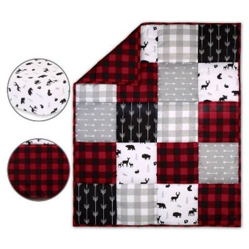 The Peanutshell Buffalo Plaid Woodland Theme Baby Crib Bedding Set - Red/black/gray - 3pc