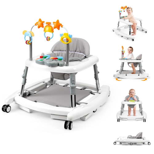 5-in-1 Foldable Baby Walker with Music & Lights – Adjustable Height, Bouncer, Wheels, Portable Toddler Walker for Baby Boys & Girls 6-18 Months, White