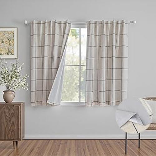 MYSKY HOME 100% Blackout Plaid Farmhouse Linen Curtains 54 Inch Long 2 Panels Set for Small Window Double Layer Windowpane Drapes Thermal Insulated Privacy Protection Back Tab, 52" W, Deep Grey