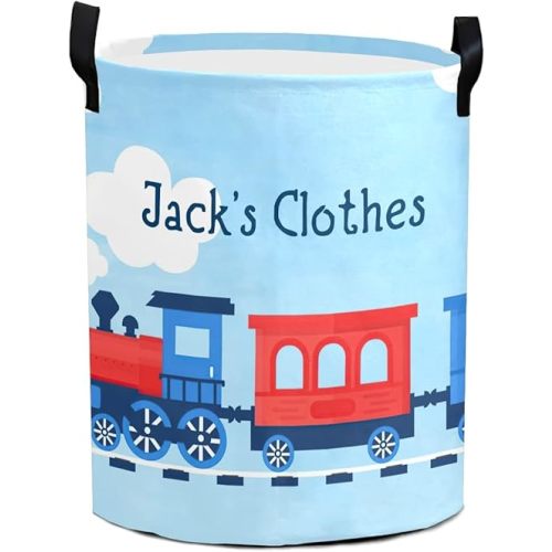 Cloud Train Personalized Freestanding Laundry Hamper, Custom Waterproof Collapsible Drawstring Basket Storage Bins with Handle for Clothes, Toy, 50cm x 36cm
