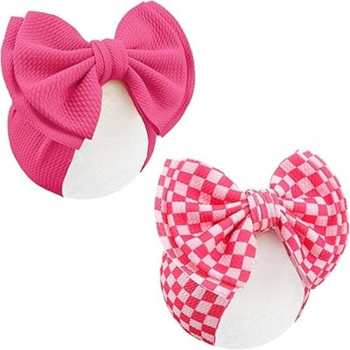 YanJie 2PCS 7’’ Hot Pink Bows for Baby Girls Checkered Headband Double Layered Bow Infants Toddler Hair Accessories Newborn Headbands Baby Clothes
