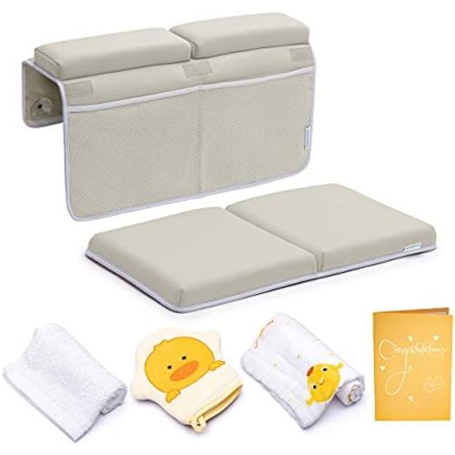 Bath Kneeler with Elbow Rest Pad Set, 1.75 inch Thick Kneeling Pad and Elbow Support for Knee Arm Support, Large Bathtub Kneeling Mat with Toy Organizer for Happy Baby Bathing Time, Beige