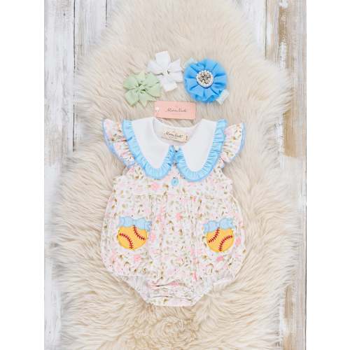 Playtime Softball Embroidered Ruffle Bubble Romper