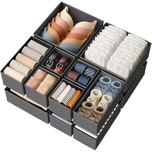 Sturdy Drawer Organizers (12-Pack) - Fabric Dresser Drawer Organizers & Dividers for Nursery Organization, Baby Organizers and Storage for Clothes, Socks & Underwear, Grey