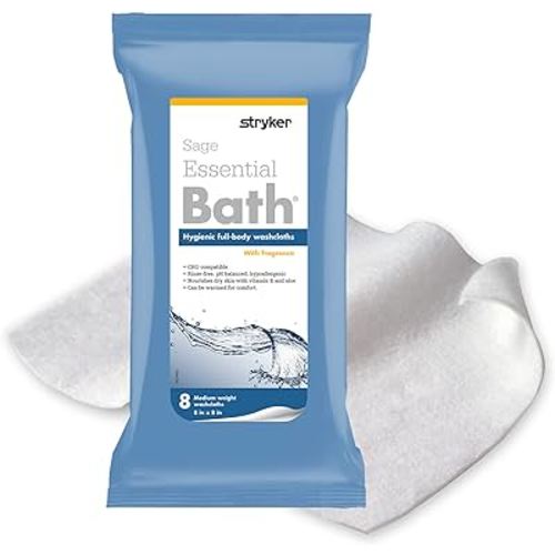 Stryker - Sage Essential Bath Cleansing Washcloths - 6 Packages, 48 Cloths - Fresh Scent, No-Rinse Bathing Wipes, Ultra-Soft and Medium Weight Cloth, Hypoallergenic