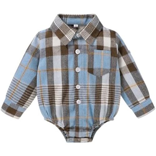 HAPPYMA Newborn Baby Boy Girls Plaid Outfit Flannel Romper Tops Infant Long Sleeve Button Down Plaid Casual Bodysuit Clothes