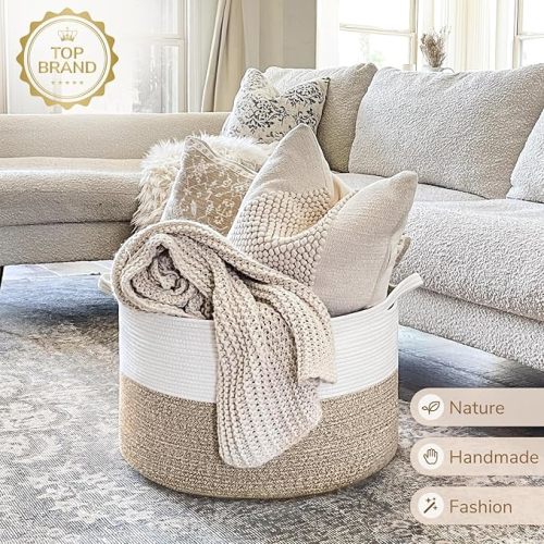 INDRESSME Large Laundry Basket, 21.7'' x 13.8'' Cotton Rope Blanket Basket Living Room Toy Baskets Storage Kids, Woven Baskets for Dirty Clothes, Pillows, Towel, 90L Light Brown
