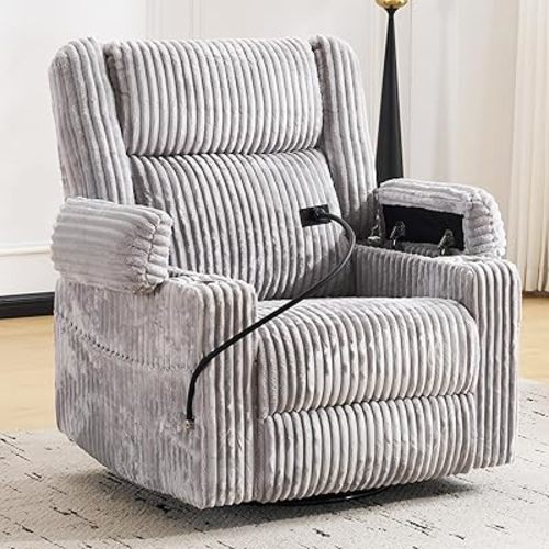 Oversized Power Recliner Chair with Massage and Heat,Swivel Rocker Recliner Chair for Adults with Arm Storage,Nursery Glider Recliner with Adjustable Headrest and Side Pockets,Phone Stand,Light Grey