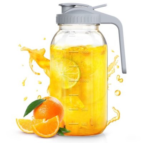 64 oz Heavy Duty Glass Mason Jar Pitcher, Cold Brew Coffee Maker Pitcher with Stainless Steel Filter, Pour Spout Handle Lid, Airtight & Leak-Proof For Iced Coffee, Iced Tea, Fruit Drinks - Gray
