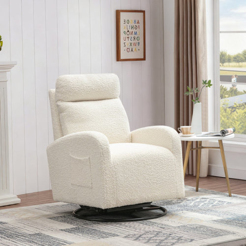 Ebern Designs Modern Swivel Glider Chair, Upholstered Accent Glider Rocker for Baby Nursery, Comfy Tall Back Rocking Armchair with Side Pocket and Headrest for Living Room, Bedroom, Boucle Fabric | Wayfair