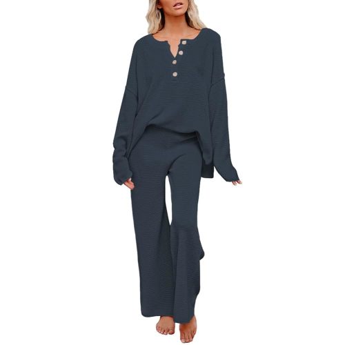 Pink Queen Women's 2 Piece Outfit Set Long Sleeve Button Pullover Sweater Top and Wide Leg Pants Knit Sweatsuit