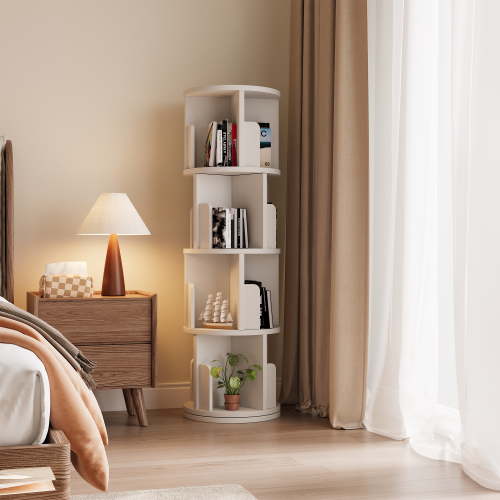 Bapipro 360° Rotating Bookcase, 4 Tier, Small Corner Bookshelf for Small Space, Free Standing Bookcase Storage Rack, Wood Narrow Book Shelf Organizer for Bedroom, Living Room (White)