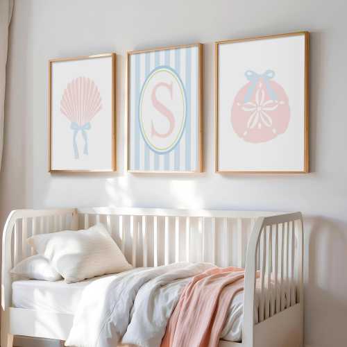 Coastal Nursery Decor Girl, Toddler Girl Room Decor Pink and Blue, Beachy Nursery Art for Girls, Set of 3 Seashell PRINTS OR CANVAS