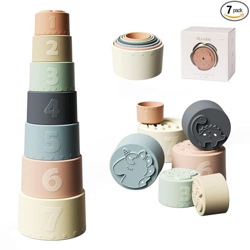 Moonkie Stacking Cups Toy, Fun Educational Baby Toys Silicone Soft Teething Toy, Age 6+ Months, 7 Piece Set