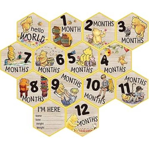 The Winnie Baby Bear Month Milestone Circles, Wooden Discs Stuff for Baby Photo Takens with Hello World Name Signs - 7Pcs Double Sided Signs- Laser Engraving