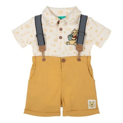 Disney Winnie the Pooh Newborn Baby Boys Ribbed Polo Bodysuit and Shorts Outfit Set Cream Beige / Yellow 6-9 Months