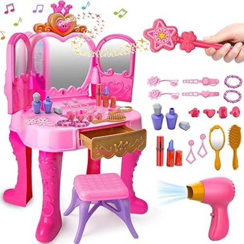 Toddler Vanity Magic Makeup Set Table & Chair Girl Toy Automatically Mirror with Music Light Pink Toys for 3 4 5 Year Old Girl Hair Salon Pretend Play Princess Dress Up Playset Valentine Gift Age 3-5