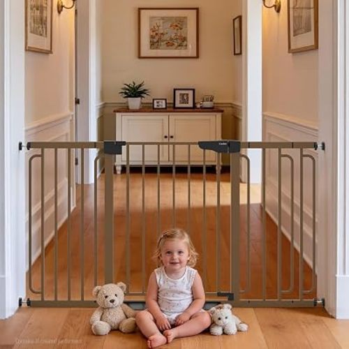 Cumbor 30.4-56.8" Extra Wide Baby Gate, Auto Close Dual Lock Dog Gate Brown
