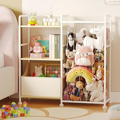 BBLIKE Stuffed Animal Storage - Stuffed Animal Net with Kids Bookshelf and Toy Organizer, 2-Tier White Bookshelf with Stuffed Animal Holder and Fabric Toy Chest for Kids Room, Playroom, Nursery, Beige