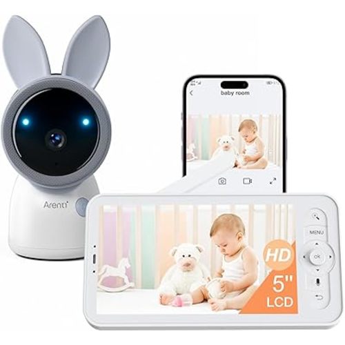 ARENTI Smart Baby Monitor with Camera and Audio,2.4G&5G WiFi,5’’ 4MP Split Screen with Smoothing Night Light,Lullabies,Cry&Motion Detection,Temp&Humidity Senor,Free APP with Motion Video