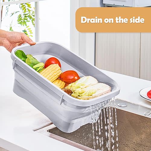 Collapsible Dish Pans, 2Gal (7.5L) Capacity, Plastic Dish Tub Dishpan for Kitchen Sink with Drainage Hole, Foldable Small Wash Basin for Kitchen, Camping, Travel (Light Blue)
