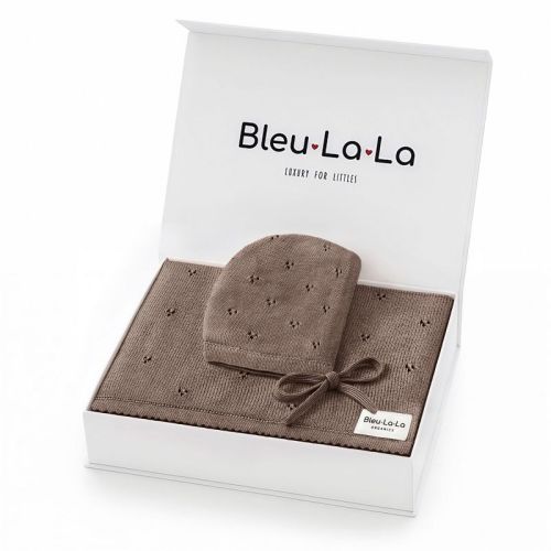 Luxury Organic Pointelle Cotton Baby Swaddle Receiving Blanket + Hat Gift Set for Newborns and Infant Boys & Girls - Milk Chocolate