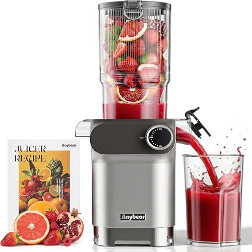 Anybear Cold Press Juicer, 200W Masticating Slow Juicer 4.3" Large Feed Chute Fit Whole Fruits Vegetables | Upgraded Auger | Tritan Material | BPA Free | Juice Recipes (Silver Gray)