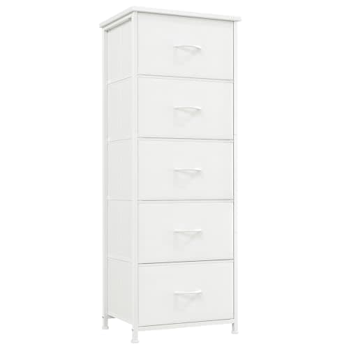 Somdot Tall Dresser for Bedroom with 5 Drawers, Storage Organizer Chest of Drawers with Removable Fabric Bins for Closet Bedside Nursery Laundry Living Room Entryway Hallway, White Leather