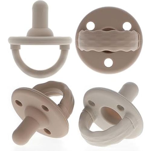 Soother Pacifier,Food Grade Silicone Pacifiers with Handle & 3 Holes for Added Safety, BPA Free, 4-Pack (Sand x2 / Light Grey x2)
