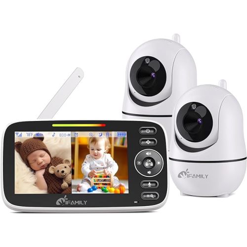 iFamily Split Screen Baby Monitor, Large Display Video Baby Monitor with 2 Cameras and Audio, Long Range, Remote pan tilt, Night Vision, Temperature Sensor, 2 Way Talk, Feeding Clock and lullabies.