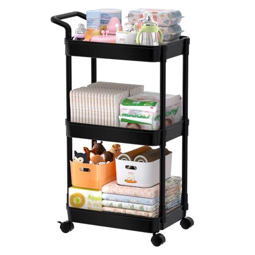 Volnamal Diaper Caddy, 3 Tier Rolling Cart for Baby Essentials, Black | Movable & Easy Assemble Cart for Newborn Nursery Essentials, Diaper Storage Organizer for Changing Table&Crib, Baby Registry