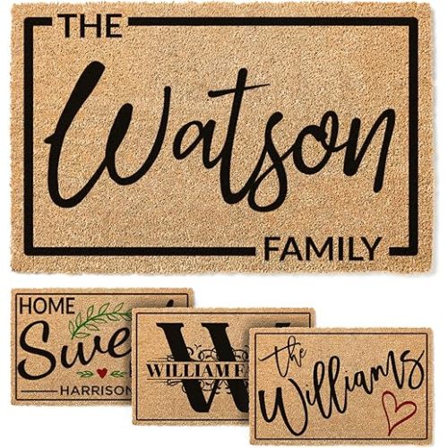 Personalized Door Mat, Custom Coir Doormat with Family Name - 5 Designs, 3 Sizes - Housewarming Gifts, Wedding Gifts for Couple, Front Door Mat for Outdoor Decor, Anti-Slip Backing