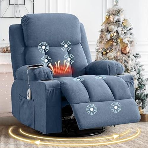 MAHOMICO Swivel Rocker Recliner Chair with Vibration Massage and Heat for Living Room,with Rocking Function and Side Pocket, USB Charge Port,2 Cup Holders