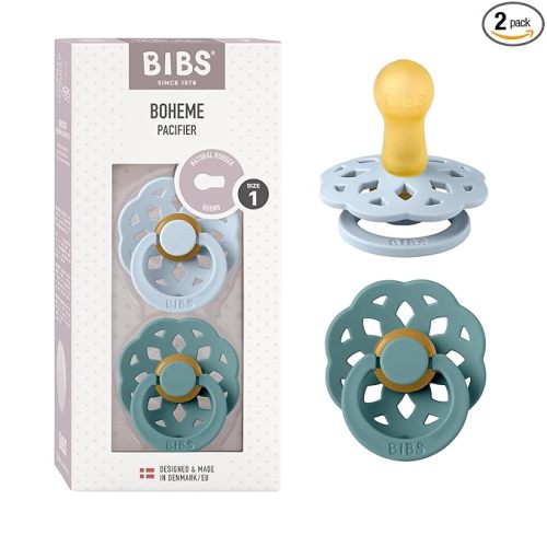 BIBS Boheme Soother 2-Pack. BPA Free Dummy Pacifier, Symmetrical Nipple. Natural Rubber Latex, Made in Denmark. 0-6 Months (Pack of 2), Baby Blue/Island Sea