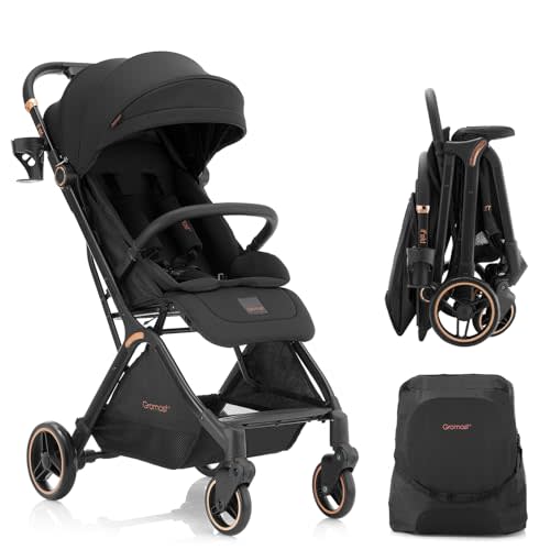 Gromast Gravity Folding Baby Stroller - Portable Travel Toddler Stroller w/Adjustable Backrest, Canopy & Cup Holder, Lightweight and UV Protected, One-Hand Automatic Folding - Black