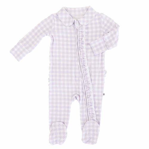 Peter Pan Collar Ruffle Zipper Footie in Lilac Gingham | Caden Lane