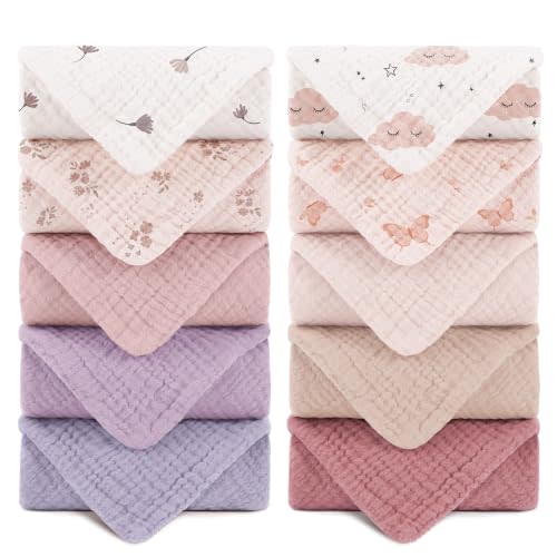 Susurration Muslin Baby Washcloths,100% Cotton Face Towels and Burp Cloths | 10 Pack,Extra Soft & Absorbent Wash Cloths for Babies,Newborn Girls & Boys,10"x10"