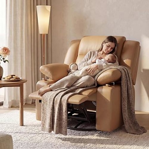 AILEEKISS Nursery Glider Recliner Chair with Adjustable Armrests, Swivel Rocking Recliner for Breastfeeding Moms, 360° Swivel, 30° Rocking, 90°-160° Recline, Easy-Clean Nursery Chair(Brown)