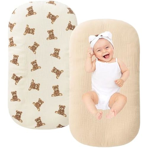 Little Jump Organic Cotton Muslin Baby Lounger Covers, 2 Pack, Soft Removable Slipcovers for Newborn Infant Lounger, for Girls Boys, Coffee Checkered (Teddey Bears & Kakhi)