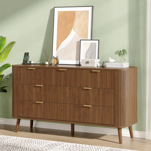 George Oliver Fluted 7 Drawers Dresser with Charging Station, 57" Wide Mid-Century Wood Chest of Drawers with Curved Profile Design for Bedroom (Natural) | Wayfair