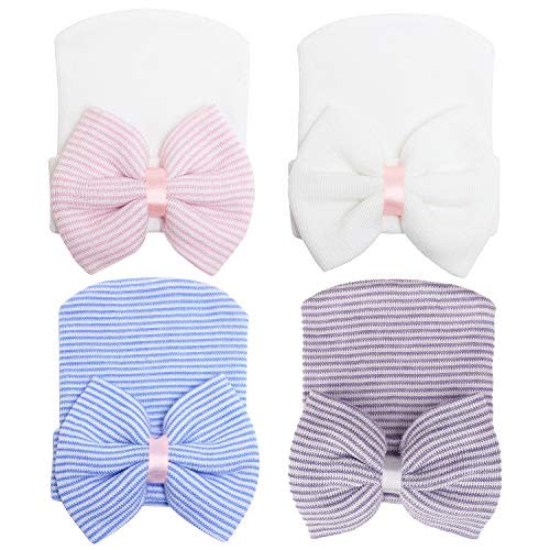 Zando Hospital Newborn Hat Girl with Bow Infant Baby Beanie First Photos | Stretch-cotton knit hats for newborn girls, hospital bags, coming home, nursery, sleep, photos, and baby shower gifts.